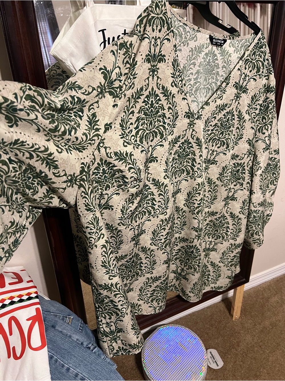 BloomChic Cream Tunic with Green Damask Print